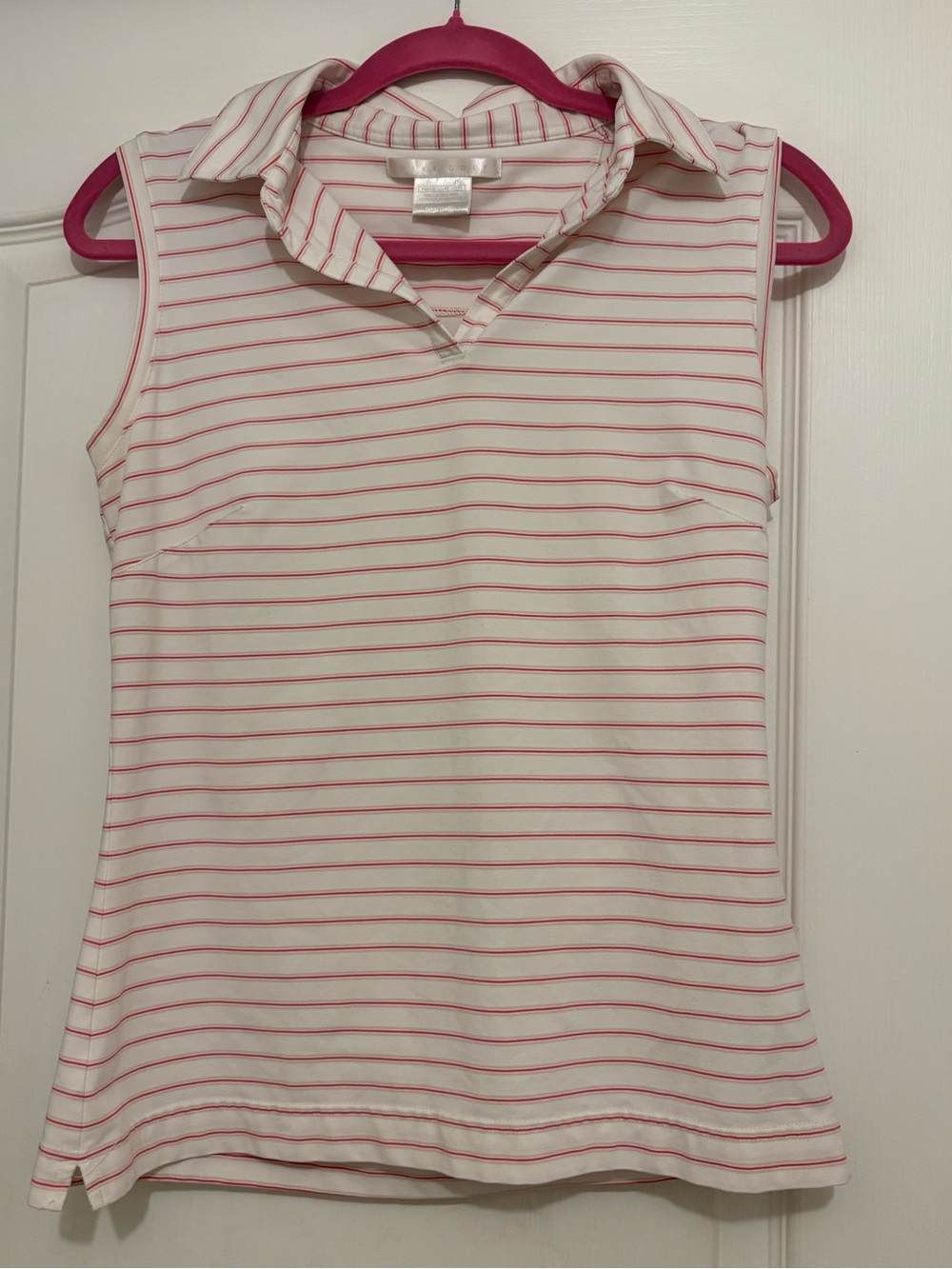 Sleeveless Collared Stripe Polo Top - White with pink Stripes